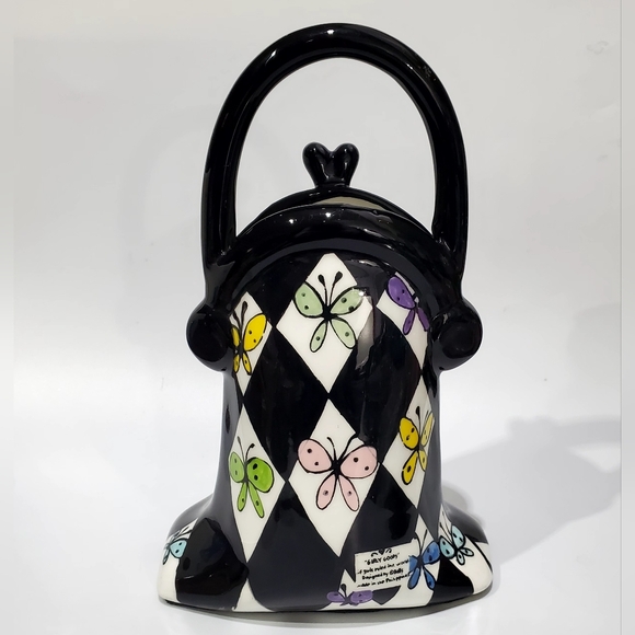 10" Handbag Purse Ceramic Harlaquin Black White Diamin Butterflies MacKensie Art - Picture 6 of 11